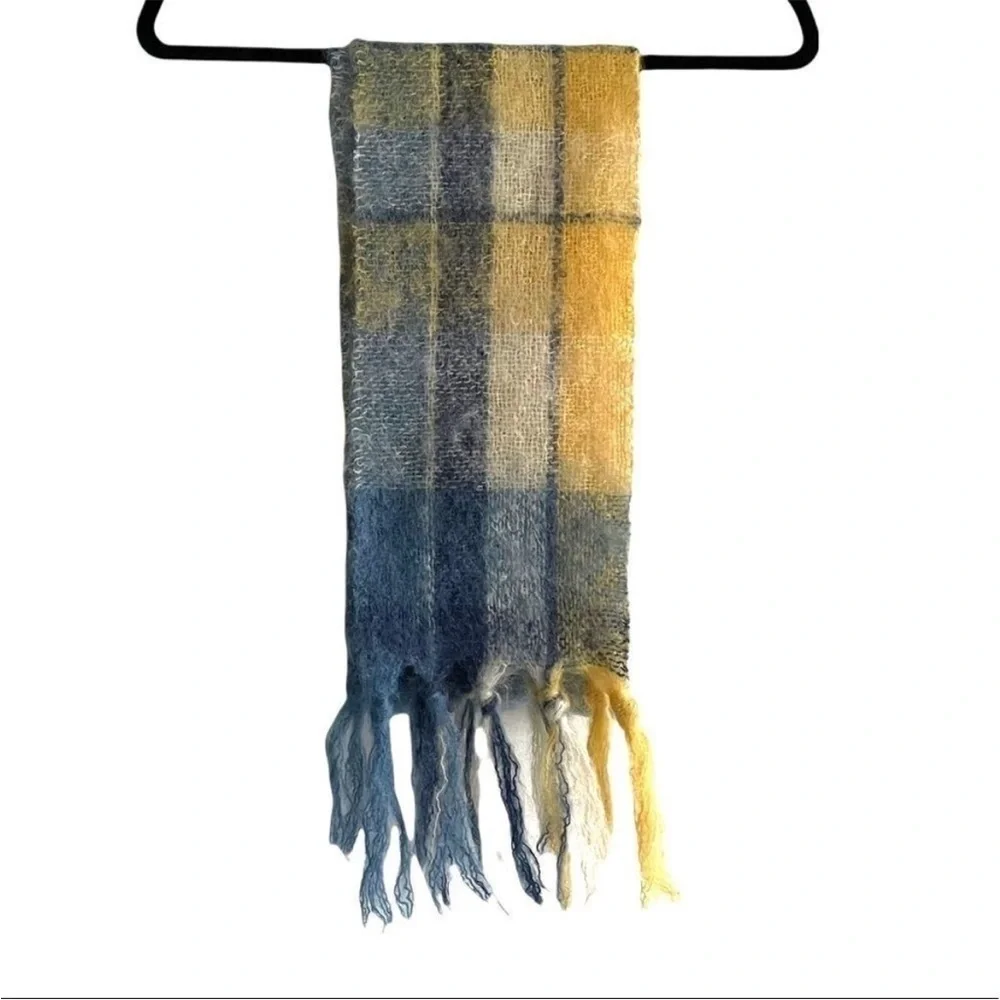 ST ALBANS Australia Pure Mohair Wool Plaid Winter Scarf Yellow Blue Cream